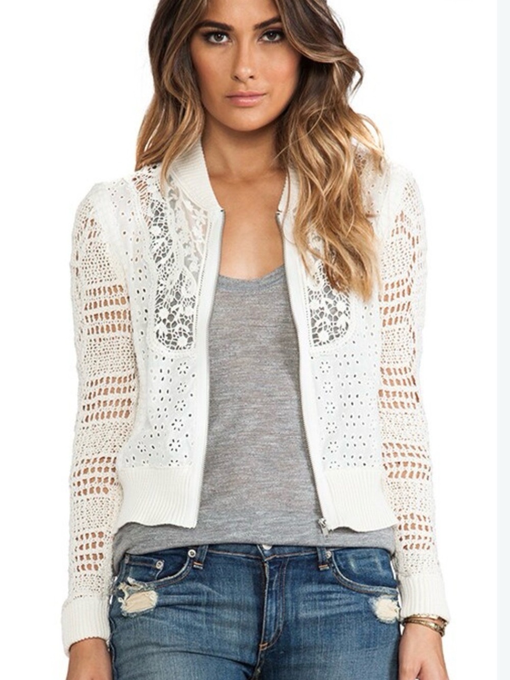 Free People Ivory Crochet Zip-Up Bomber Sweater